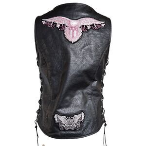 Unik Black Leather Side Tie Biker B**** Patched Rhinestone Vest or Shirt